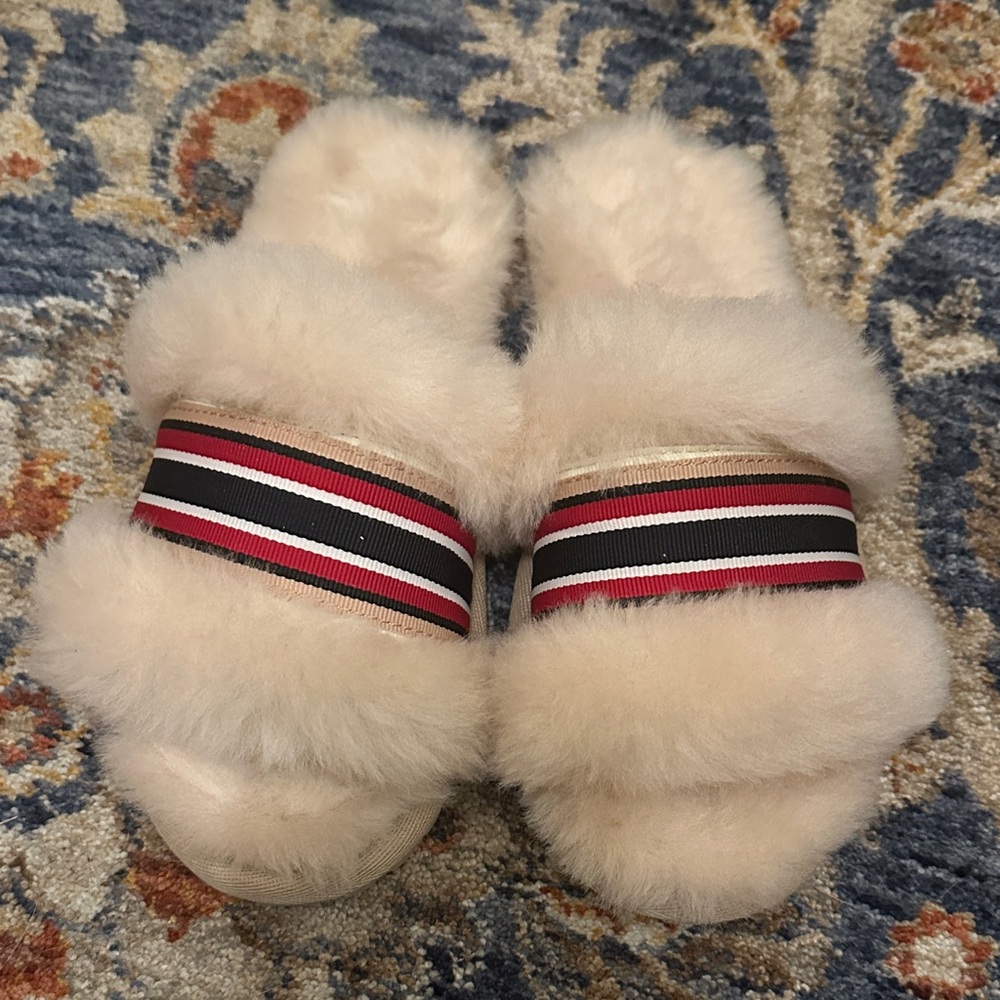 Anthropology Emu Australia Fluffy Cream Slippers with Bold Stripes